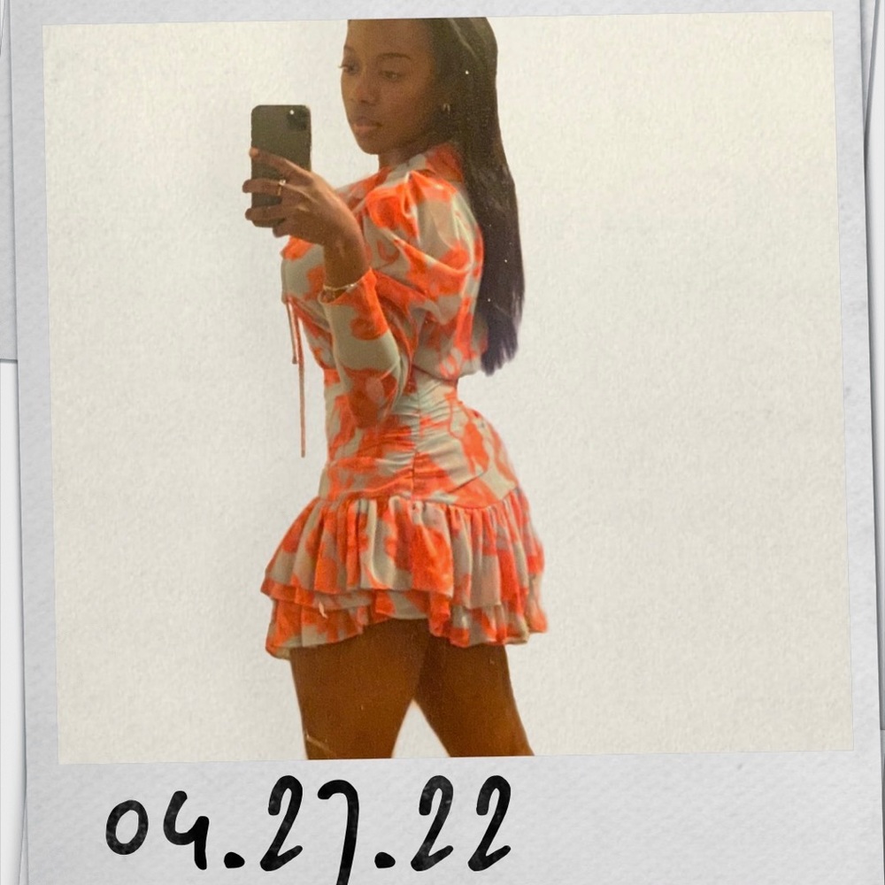 Long Sleeve Sky Blue Dress with Orange Flowers